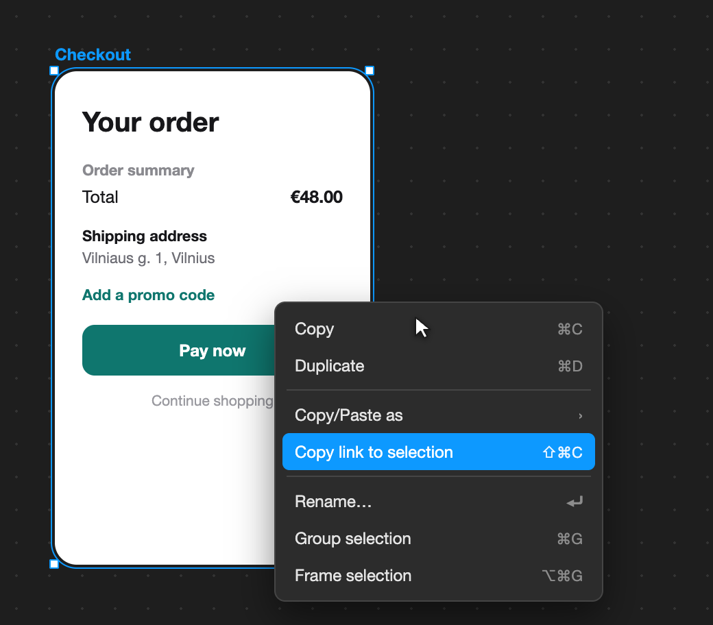 Right-clicking a Figma frame and choosing Copy link to selection from the context menu